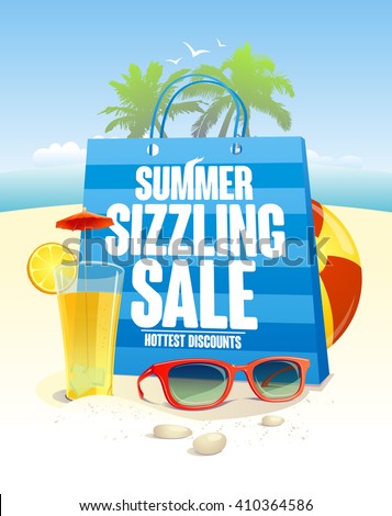 Summer sizzling sale with blue shopping bag on a beach  backdrop with palms, sun glasses and cocktail