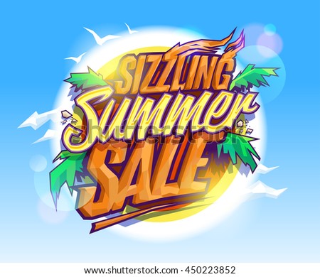 Sizzling summer sale, hot tropical design concept, sun, palms leaves and sky