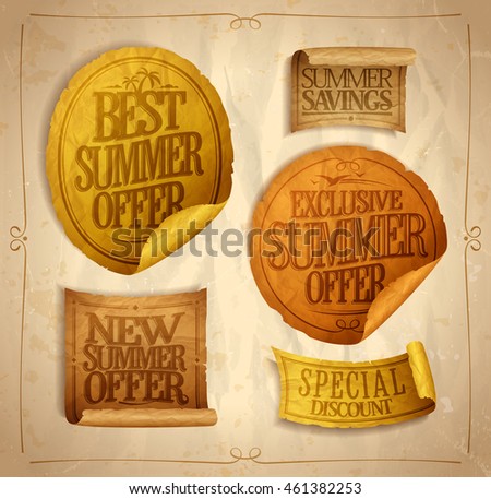 Summer seasonal sale stickers and ribbons set, best, exclusive and new  offer, special discount, mega savings, vintage style bleached colors, crumpled paper