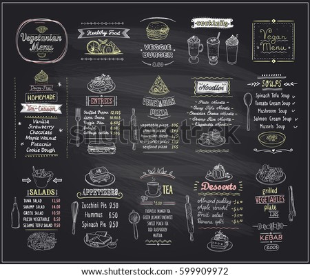 Vegetarian and vegan food chalkboard menu design set, hand drawn line graphic illustration with desserts and drinks, soups, salads, pizza and noodles, vector collection