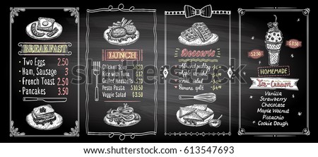 Breakfast, lunch, desserts and ice cream chalkboard menu list designs set, hand drawn graphic illustration, vector collection