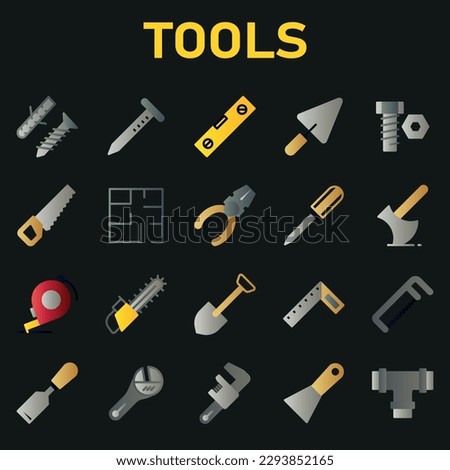 Tools construction icon set include screw, self tapping, bolt, self fastening, construction, nail, tools, carpenter, building, water pass, level, shovel, trowel, cement, equipment, work,bold,tool,saw 