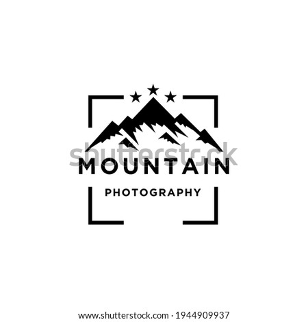 Mountain Landscape with Lens Frame and Star for Adventure Outdoor Nature Photography Photographer Logo Design