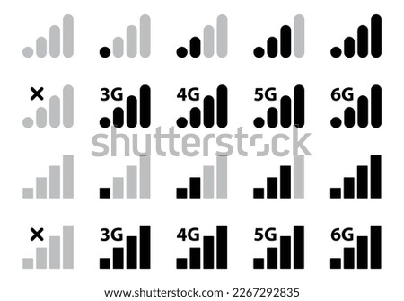 mobile network signal set. mobile network strength icon set. 3g, 4g, 5g and 6g network. no range or full signal icon set. UI UX mobile icon signal strength set.