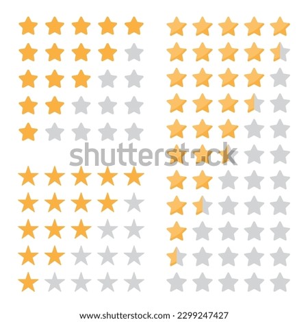 Rating stars badges. Feedback or review. Rank, level of satisfaction rating. Five stars customer product  review. 5 star rating icon. Set of rating stars in three different styles.