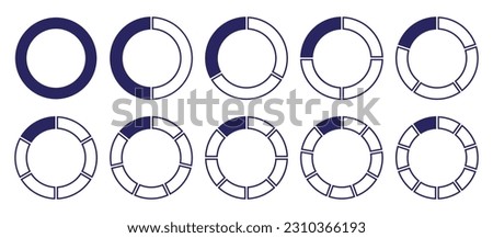 Circles divided diagram 1, 2, 3, 10, 7, 8, graph icon pie shape section chart. Segment circle round vector 5, 6, 9 divide infographic. Vector Illustration.