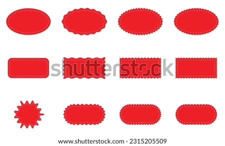 Sale and big set of red labels collection. Sale and discount stickers. Sale price tags or promotional badge. Promo banners. Red labels isolated. Circle, Oval and rectangle stitched zig zag label set.