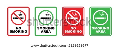 No smoking area and smoking area sign printable red and green stop symbol icon set ban silhouette icon design template.