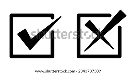 Right wrong symbol icon in square cut effect. Right, Wrong, Exclamation mark color. Vector set of flat box check mark, X mark icons, exclamation Checkmark, exclamation square sign, X mark in black