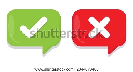 Right wrong symbol in call out style icon set in black and white. Right, Wrong mark. Vector set of flat round check mark, X mark icons, Checkmark in red and green color.