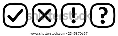 Vector set of flat rounded square check, X mark exclamation point and question mark icon. Checkmark, exclamation, X mark and question mark icon. Premium vector illustrations in black outline color.