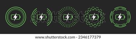 fast charge symbol icon set of five designs in green color. Wireless charger concept. Wireless charging icons. Phone charge simple signs. Vector illustration.