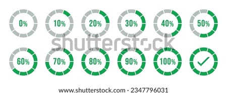 Percentage infographics in green color. Circle loading and circle progress collection. Set of circle percentage diagrams for infographics 0 10 20 30 40 50 60 70 80 90 100 percent in green color.
