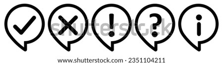 Outline thinking circle icon set- check mark, cross, X mark, exclamation point, question and information mark vector. Tick, cross, exclamatory, question and info mark set in thinking circle black.