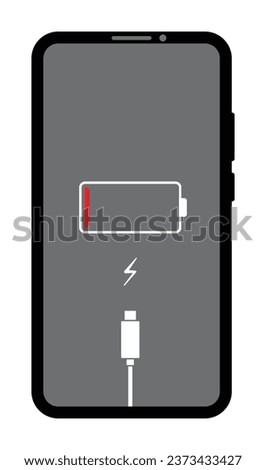 Battery low symbol interface for smartphones. Smartphone with a low battery icon on the screen and the battery charge cable is connected. Low battery warning on mobile phone. Need to connect charger.