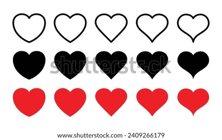 Set of hearts stroke and fill style in black and red color, Red heart icons set vector, Black heart set with line art. Set of 15 hearts of different shapes for web. Heart collection. Vector Art