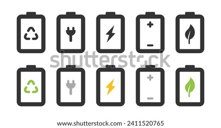 Battery icon set with battery saver mode charging and low battery indicator in black and colorful. Vector battery power icon. Vector Illustration.
