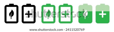 Battery saver icon set in black and green color. Vector battery power icon collection in 3 styles. Vector Icon