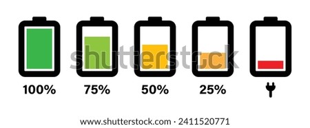 Charging battery icon set with 0% 25%, 50%, 75%, 100% indicator in black and white. Vector battery power icon powerfully charged. Battery icon set 0% to 100% in colorful style. Vector illustration.