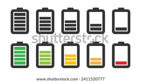 Battery charge bars flat icons in many colors. Battery charging, charge indicator. Vector battery power icon powerfully charged. Battery icon set zero to full colorful and black. Vector illustration.