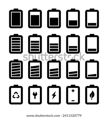 Battery icon set in different style. Battery charge icon vector. indicator battery illustration symbol. accumulator logo. battery saver leaf icon