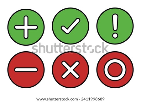 Right, wrong, minus, plus, exclamation and circle mark set in fill and stroke flat style. Right wrong symbol icon simple rounded style. Right, Wrong, Exclamation mark color. Vector Icon.