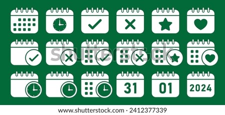 Calendar 2024 icon set in white color with shadow on green background. Vector icon page calendar with, planning, 1st 31st, timer, heart, star, and cancel icon.