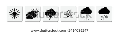 Weather icon set in black color with shadow. Weather icon set in black color. Sunny, cloudy, windy, winter, rainy season weather icon collection - Vector Icon