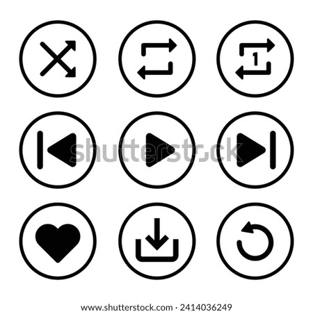 Music player icon set of nine in fill and outline color on white background. Play, pause, next, previous, like, download, repeat, loop, shuffle icon collection for music player interface - Vector Icon