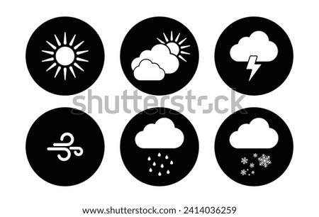 Weather icon set in black and white color. Weather icon set in black color. Sunny, cloudy, windy, winter, rainy season weather icon collection - Vector Icon