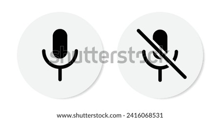Mic on and mic off icon set in black and white color with shadows. Microphone on and microphone off in black. Microphone mute icon - Vector Icon