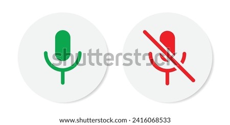 Mic on and mic off icon set in green and red color. Microphone on and microphone off in green and red. Microphone mute icon - Vector Icon