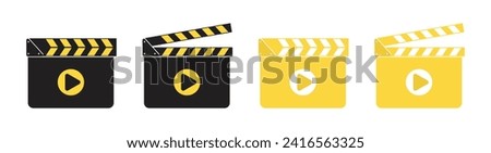 Clapper board set with play symbol in black and yellow color on white background. Movie clapper board vector image. Roll camera action opened and closed movie clapper film clap board - Vector Icon