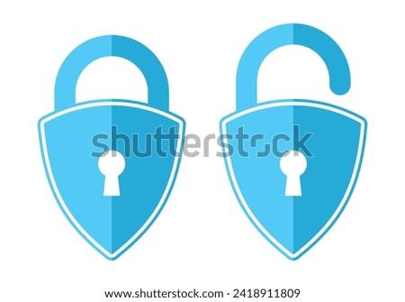 Security shield icon set lock and unlock with key hole in blue color concept design.