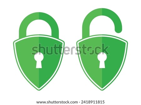 Security shield icon set lock and unlock with keyhole in green color concept design.