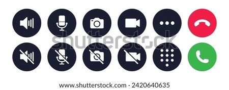 Video call icon set with microphone, video, camera, hang, pick, end call, speaker, microphone on, microphone off and dialer in black - Vector Icon
