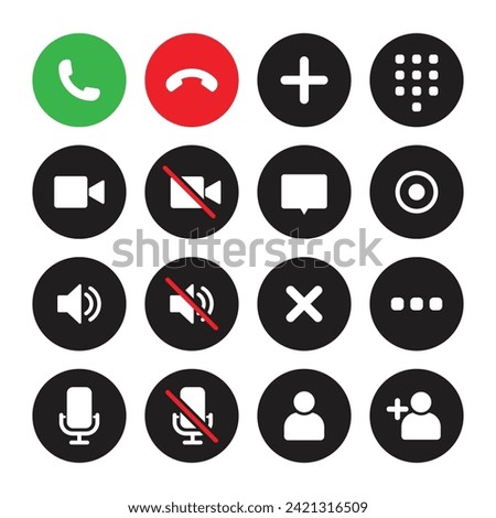 Video call icon set. Video conference call. Collections buttons of call, record, add call, microphone, mute, number pad, speaker, silent, video, contacts for app in colored style - Vector Icon