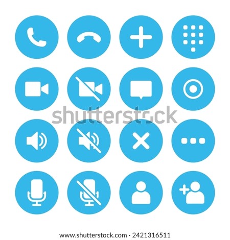 Video call icon set. Video conference call. Collections buttons of call, record, add call, microphone, mute, number pad, speaker, silent, video, contacts icon for app in blue color.