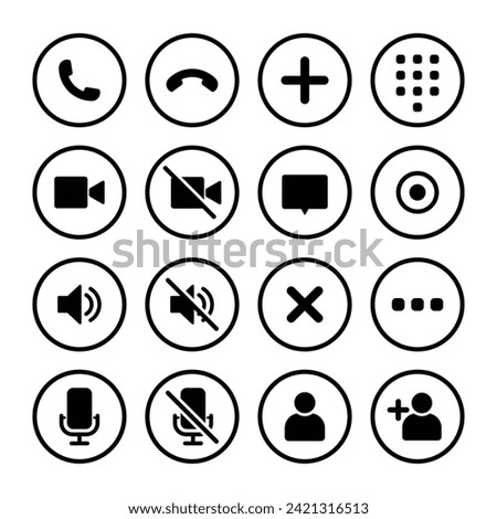 Video call icon set. Video conference call. Collections buttons of call, record, add call, microphone, mute, number pad for app. Circle rounded rectangle stroke style - Vector Icon