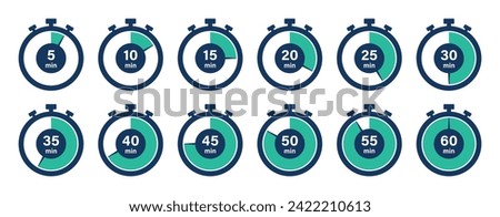 Stopwatch timer set of 12 in cyan color 5-minute clock on white background. Set of timers. Stopwatch icons. Countdown 5, 10, 15, 20, 25, 30, 35, 40, 45, 50, 55, 60 minutes - Vector Icon