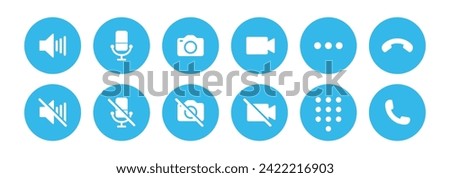Video call icon set with microphone, video, camera, hang, pick, end call, speaker, microphone on, microphone off and dialer in blue - Vector Icon
