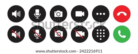 Video call icon set with microphone, video, camera, hang, pick, end call, speaker, microphone on, microphone off and dialer in colorful style - Vector Icon