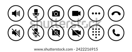 Video call icon set with microphone, video, camera, hang, pick, end call, speaker, microphone on, microphone off and dialer in outline style - Vector Icon