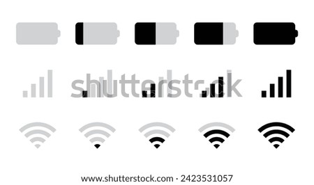 Battery, Mobile network signal and Wi-Fi icon set in landscape modern style for user interface design. Status bar symbol modern, simple, vector, icon for website design, mobile app, Ui. Vector