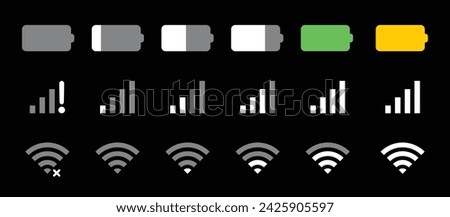 Battery, Mobile network signal and Wi-Fi icon set in dark mode with landscape battery modern colorful. Status bar symbol modern, simple, vector, icon for website design, mobile app, Ui. Vector