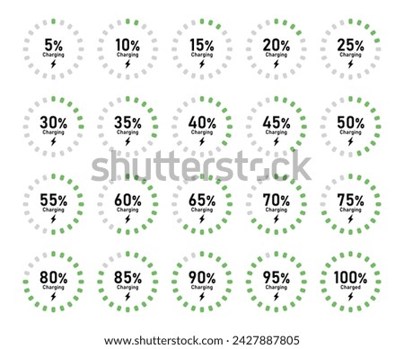 Battery recharge icon set with 5% 10% 20% 50% 70% 90% and 100% percent charge in rounded dot circle in green and black color vector flat illustration on white background - Vector Icon