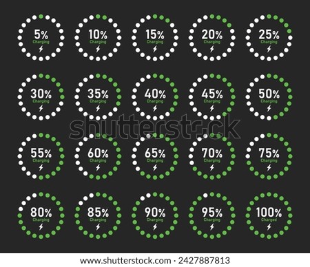 Battery recharge icon set with 5% 10% 20% 50% 70% 90% and 100% percent charge indicator in circle with green color vector flat illustration on black background. Battery indicator circle - Vector Icon