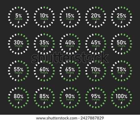 Battery recharge indicator set with 5% 10% 20% 50% 70% 90% and 100% charge vector illustration in green and white color on black background. Battery indicator circle - Vector Icon