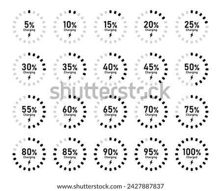 Battery recharge icon set with 5% 10% 20% 50% 70% 90% and 100% percent charge symbol rounded dot circle in black and white color vector flat icon