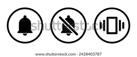 Ring silent and vibrate bell icon set in outline circle in black color on white background. Call phone isolated illustration concept - Vector Icon